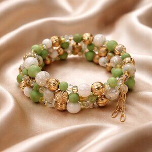Wrap Around Green and Frosted Amazonite Beaded Bracelet with‎ Gold Spacers - New